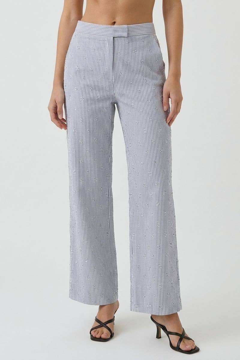 Textured Stripe Linen Wide Leg Trousers