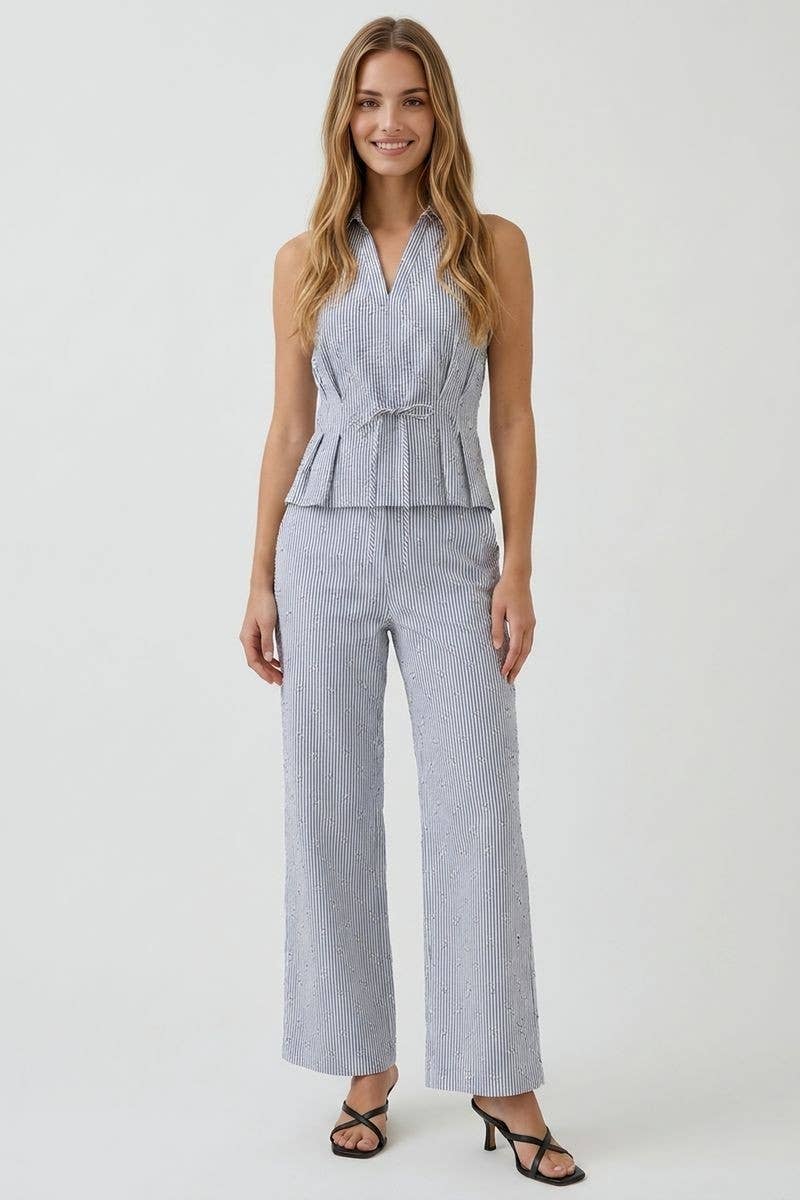 Textured Stripe Linen Wide Leg Trousers