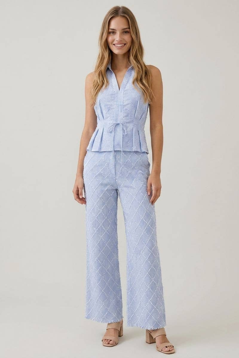 Textured Stripe Linen Wide Leg Trousers