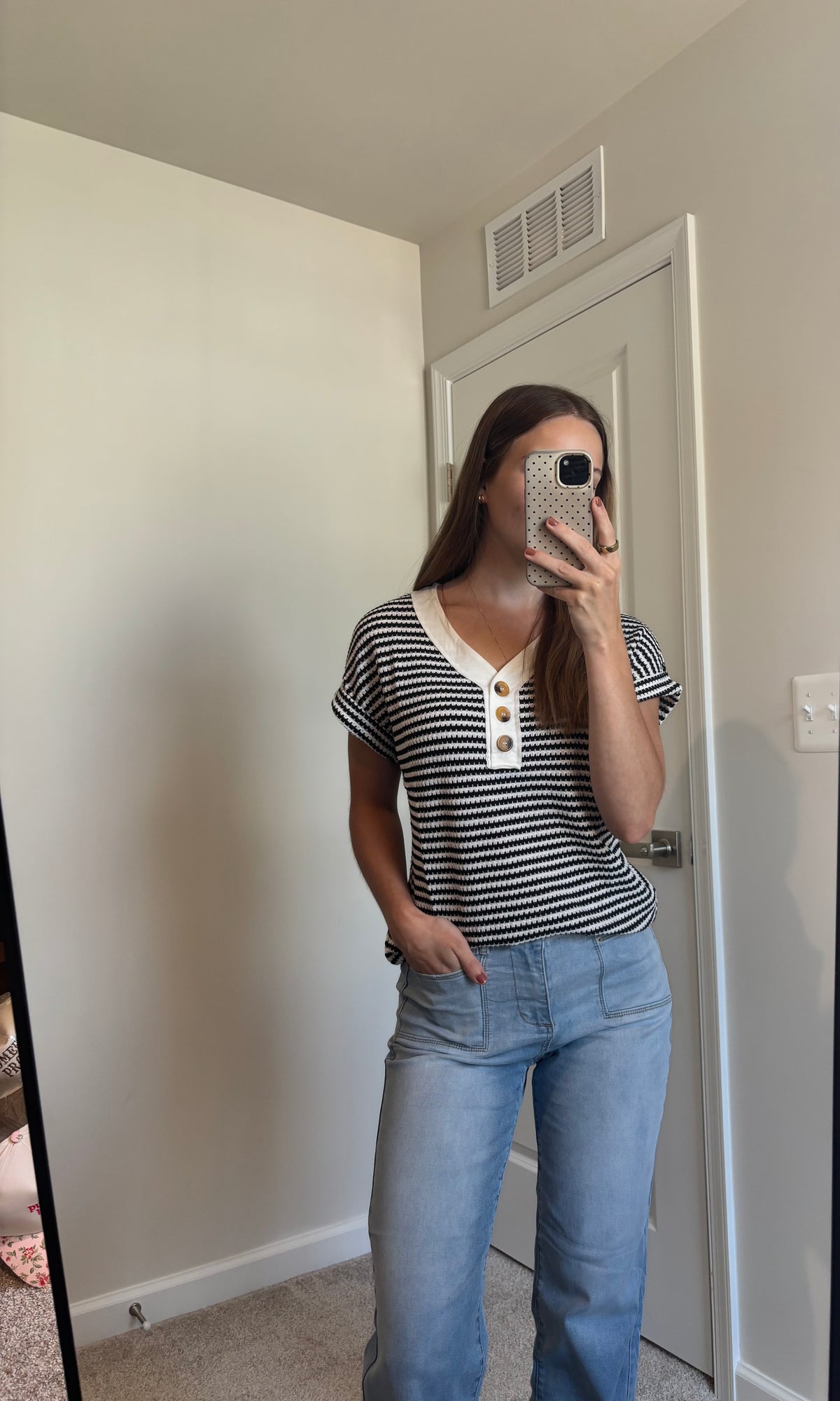 Striped Knit Top Button Short Sleeve