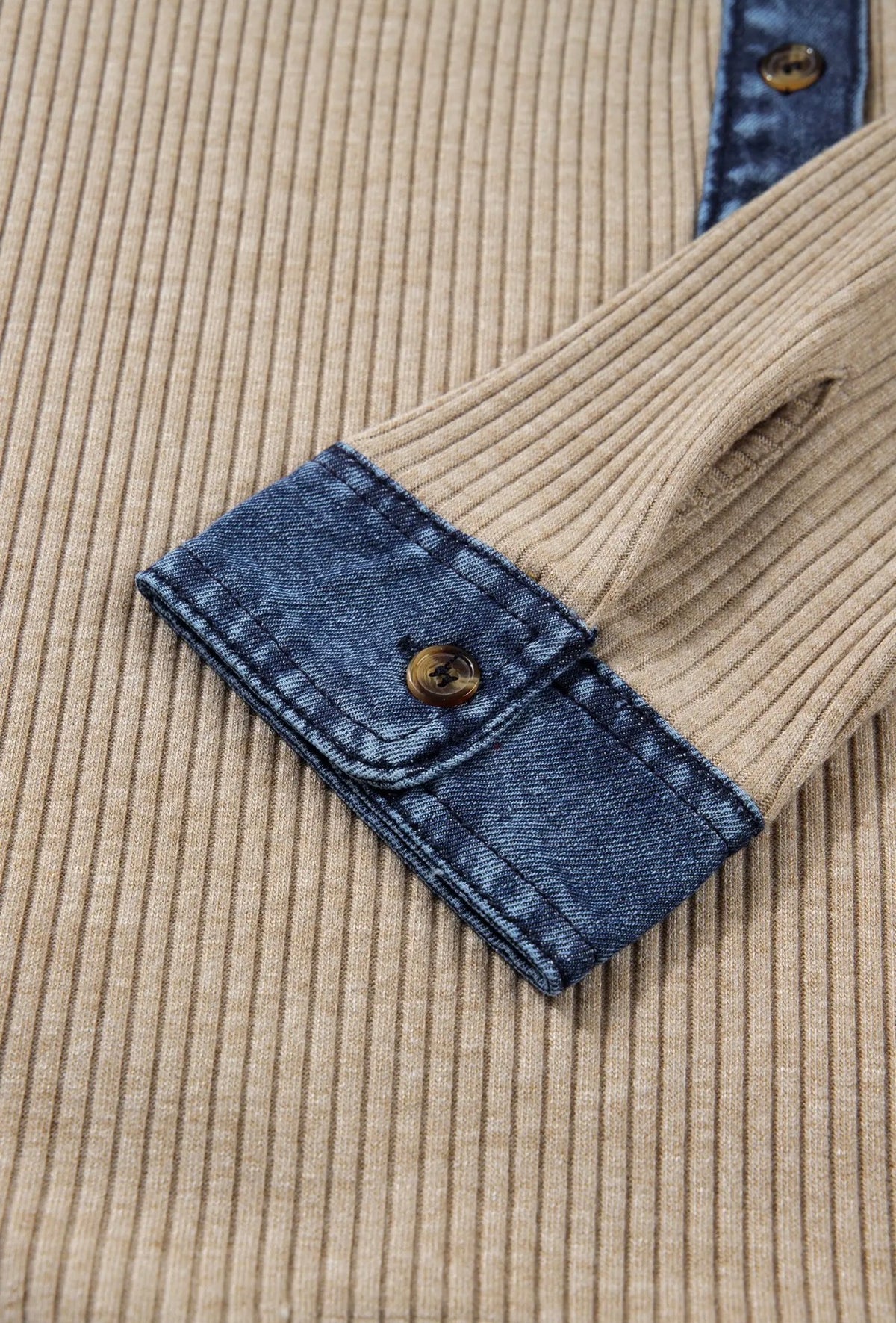 Ribbed Knit Denim Button Long Sleeve Top