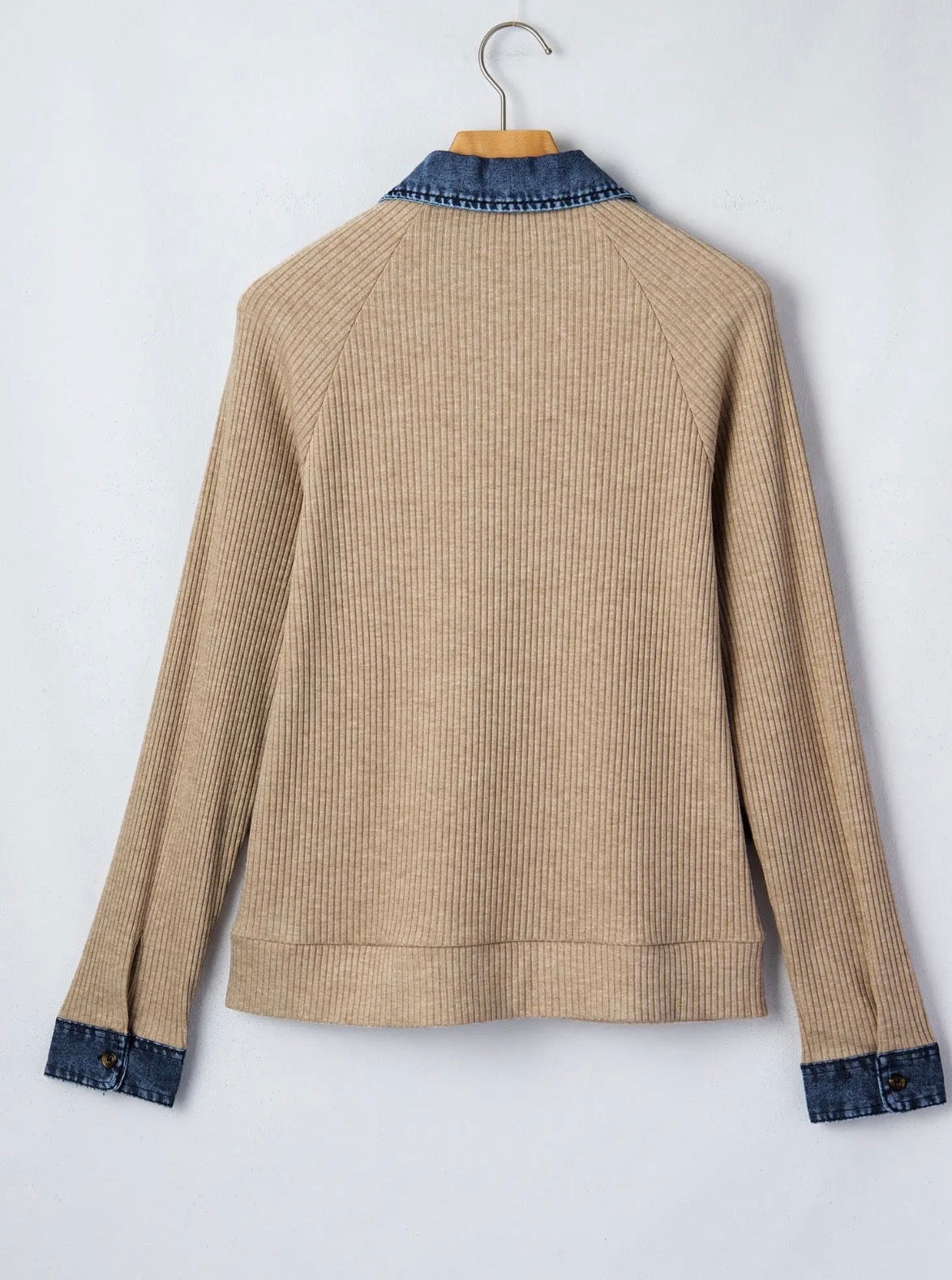 Ribbed Knit Denim Button Long Sleeve Top
