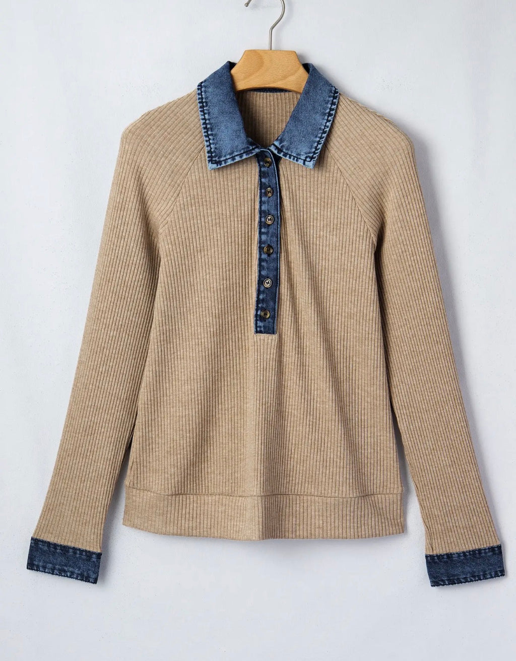 Ribbed Knit Denim Button Long Sleeve Top