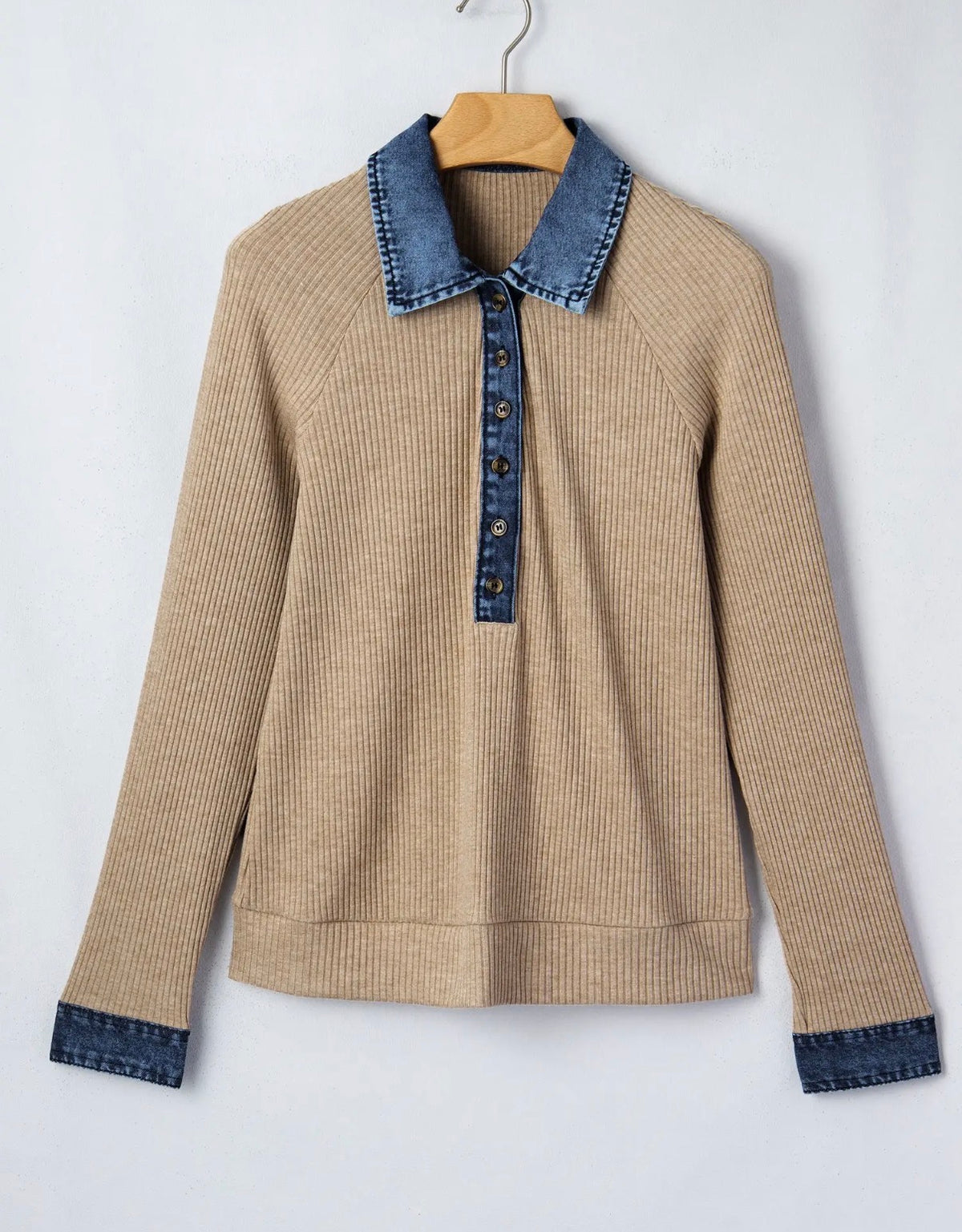 Ribbed Knit Denim Button Long Sleeve Top