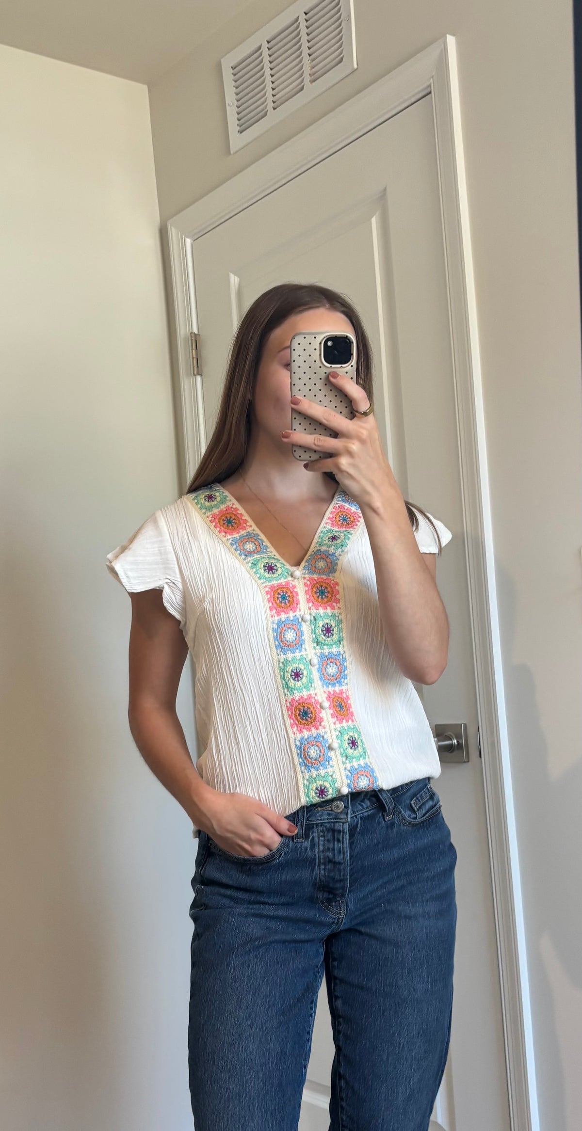Boho Embroidered V Neck Flutter Sleeve Summer Blouse