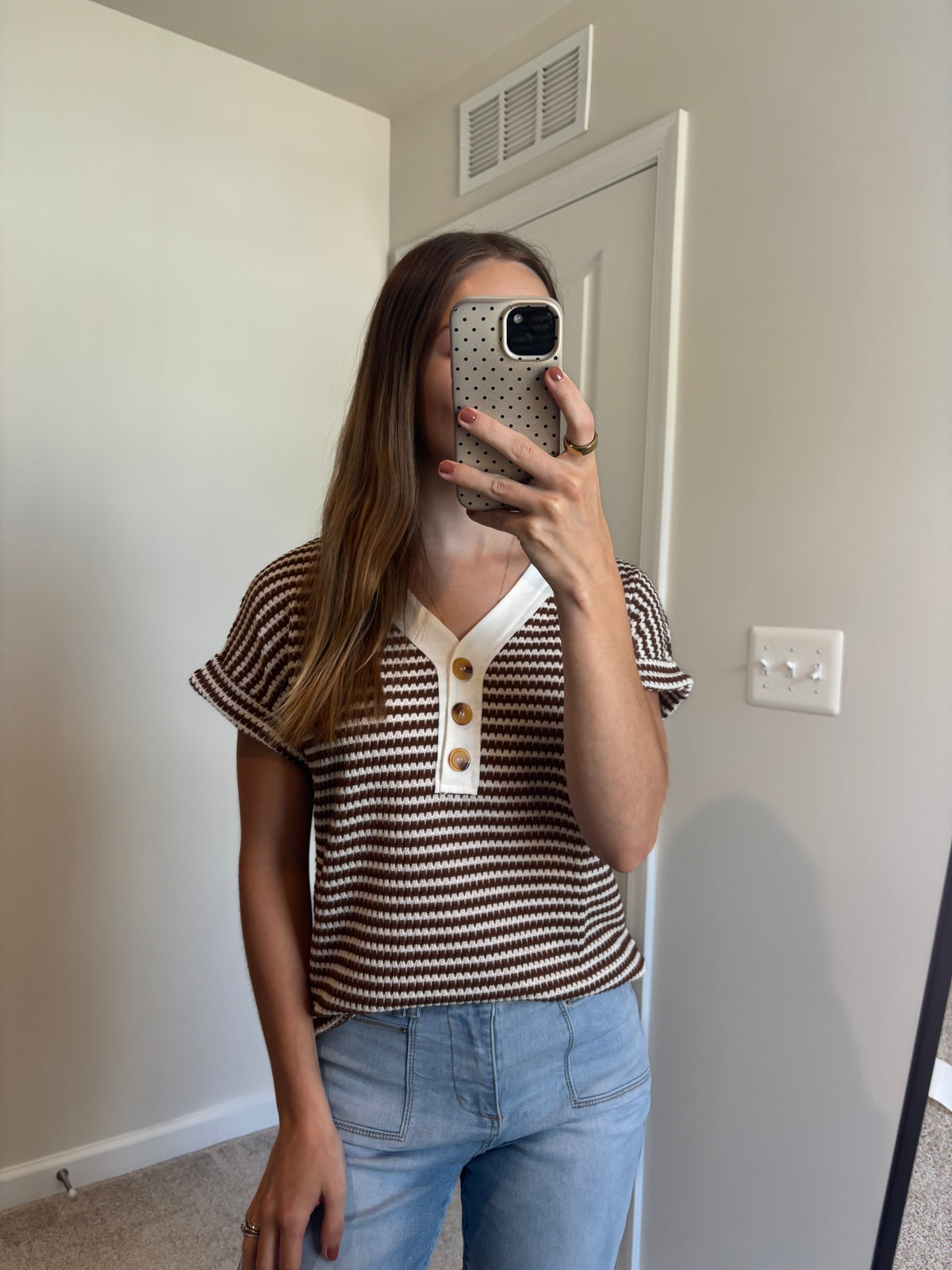 Striped Knit Top Button Short Sleeve