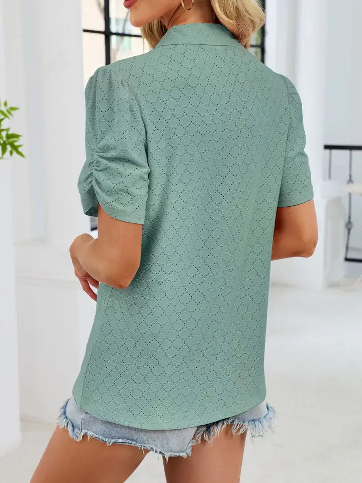 PREORDER V-Neck Puff Sleeve Polo Shirt