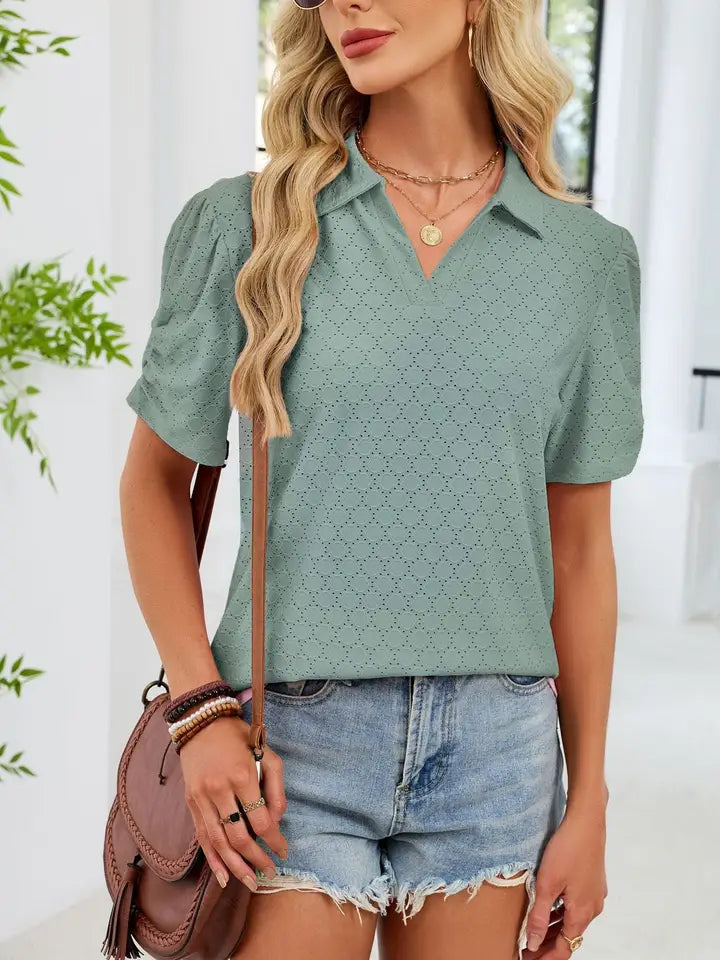 PREORDER V-Neck Puff Sleeve Polo Shirt